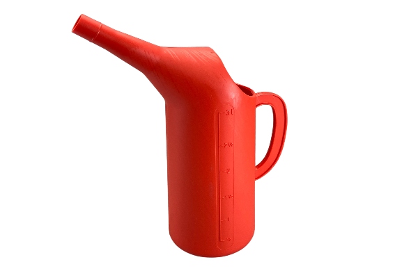 Red plastic jug with a long spout and a handle, with volume markings on the side.