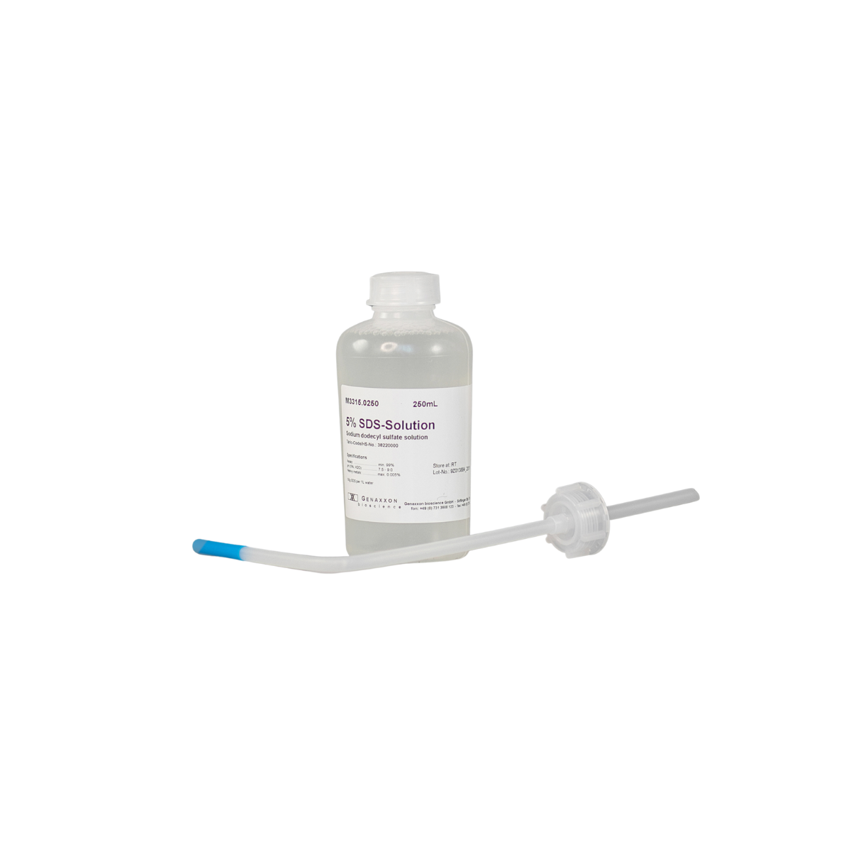 A white plastic bottle labeled "5% SDS-Solution" with a detached dropper cap lying next to it.