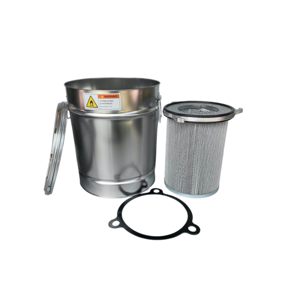 Photo containing the components of the kit: F9 filter cartridge, transport container, PTFE seal.