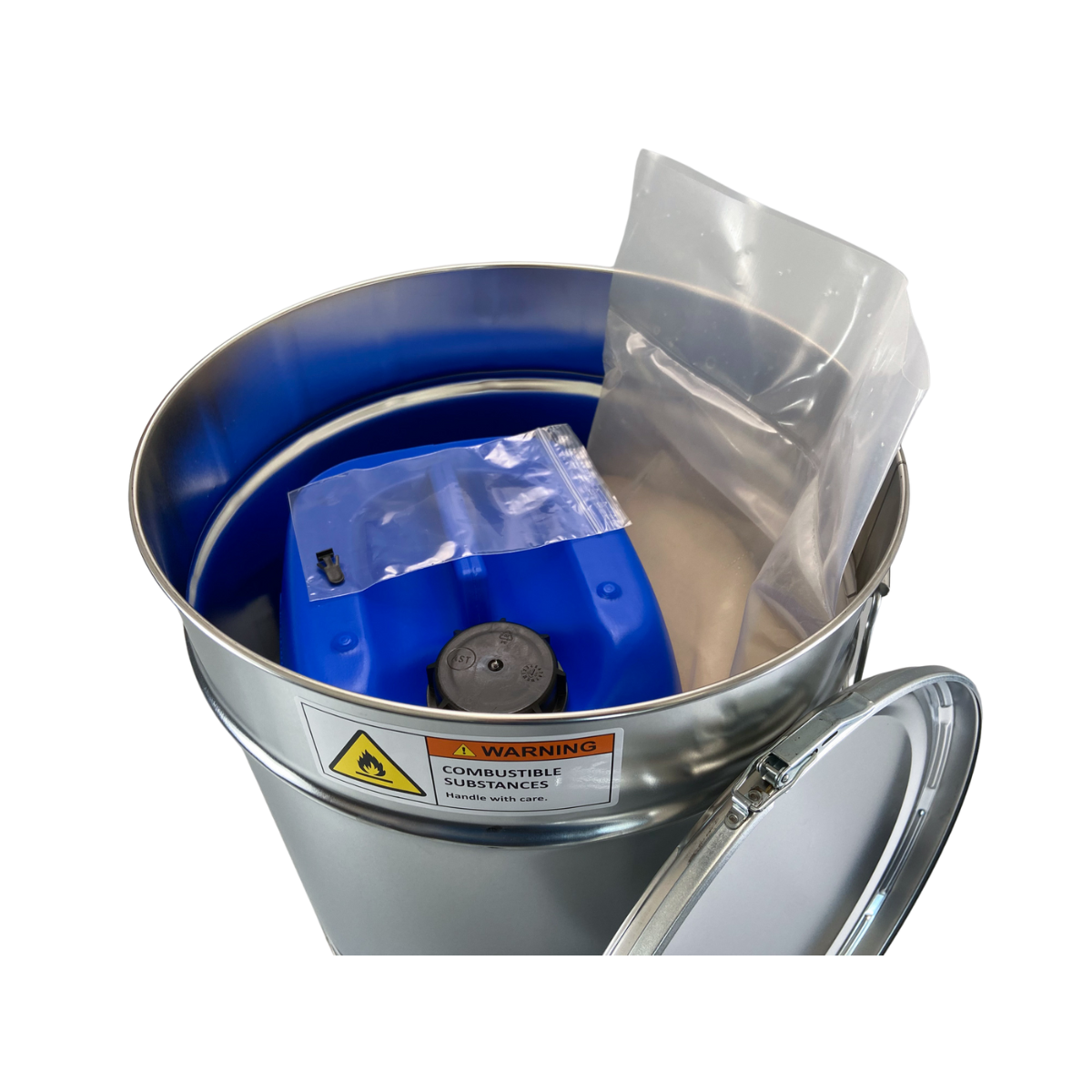 Metal bucket containing 7kg quartz sand and 7L silicone oil.