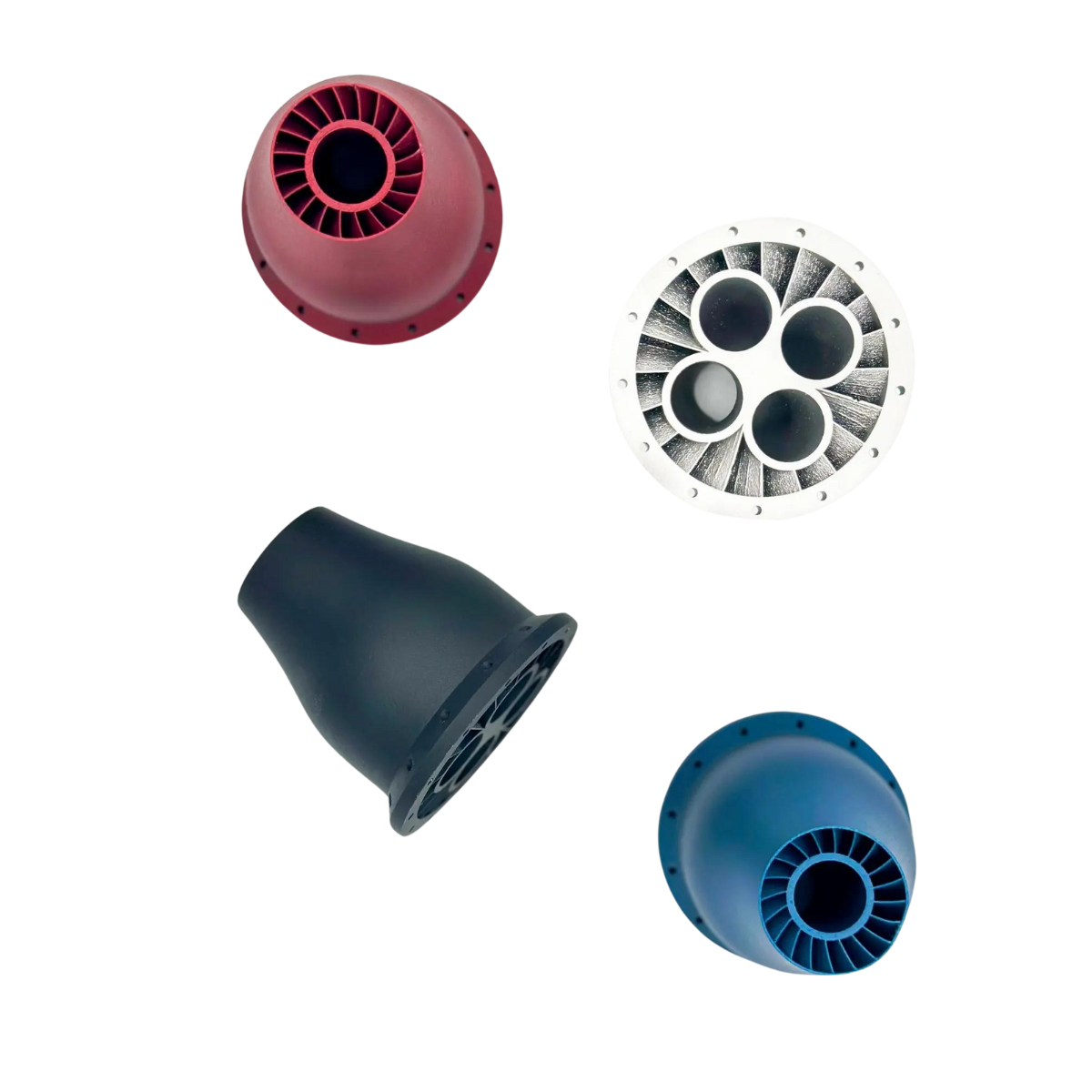 Multiple parts in different colors made of aluminium.