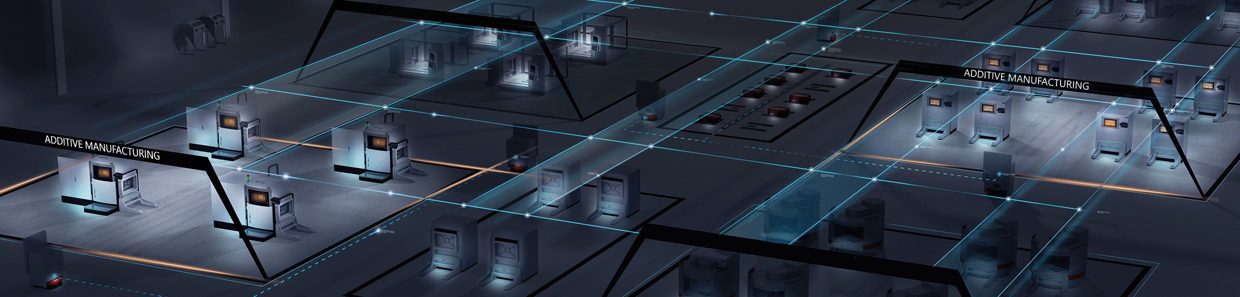 Top view of a warehouse full of 3D printers.