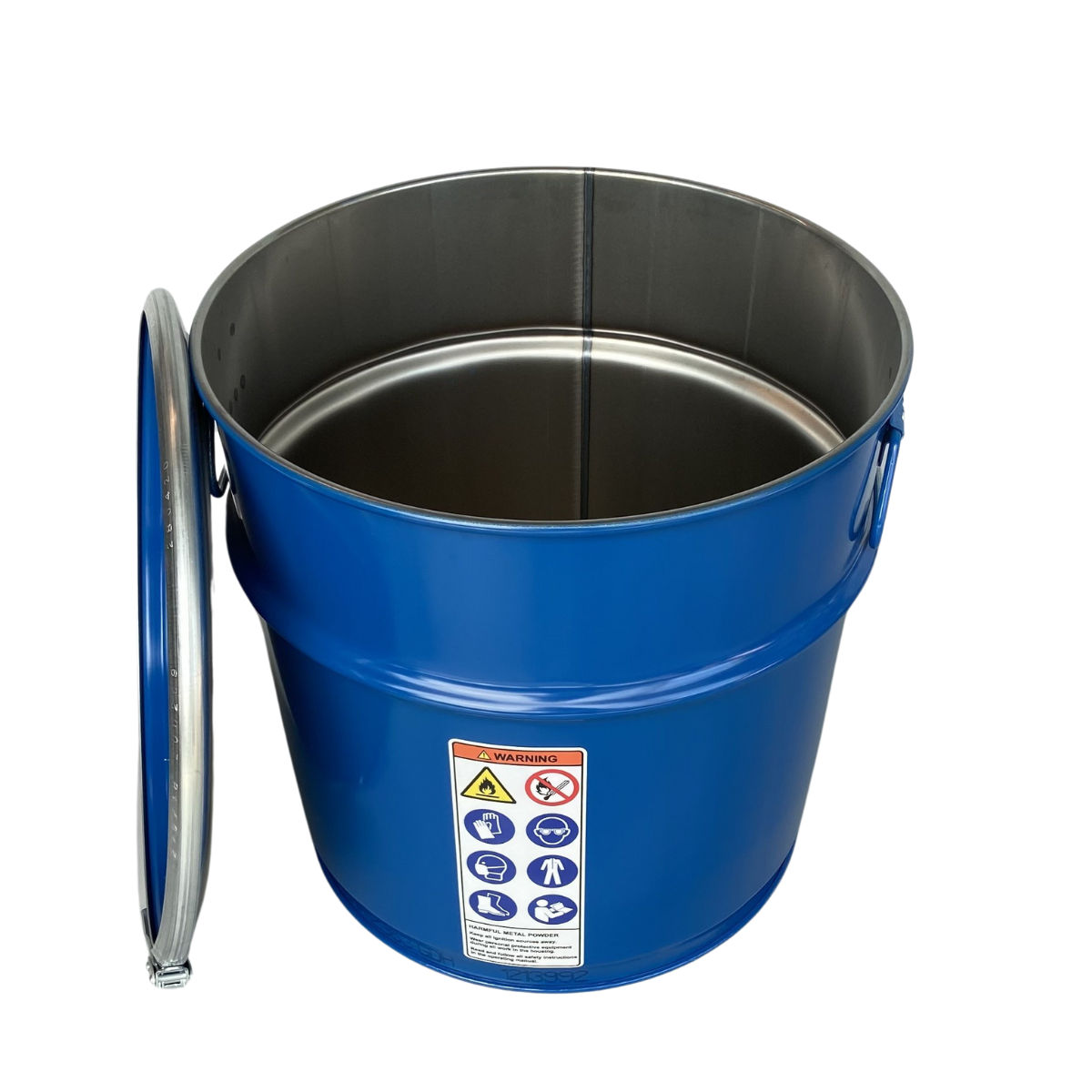 Open top metallic blue drum.
