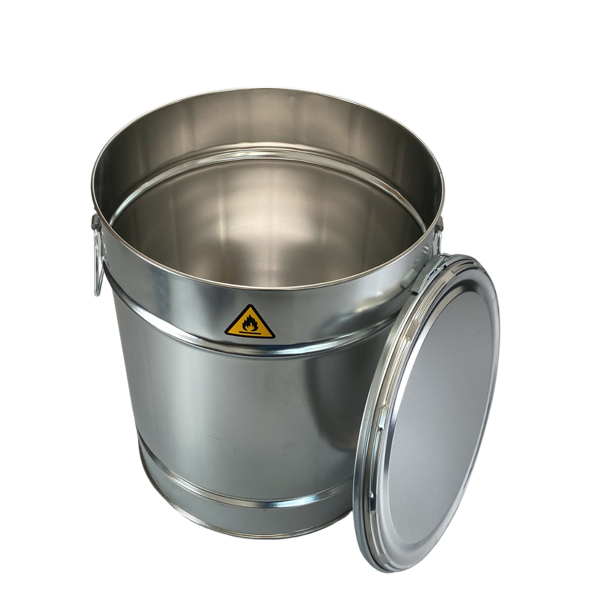 Gray metallic container with the lid off.