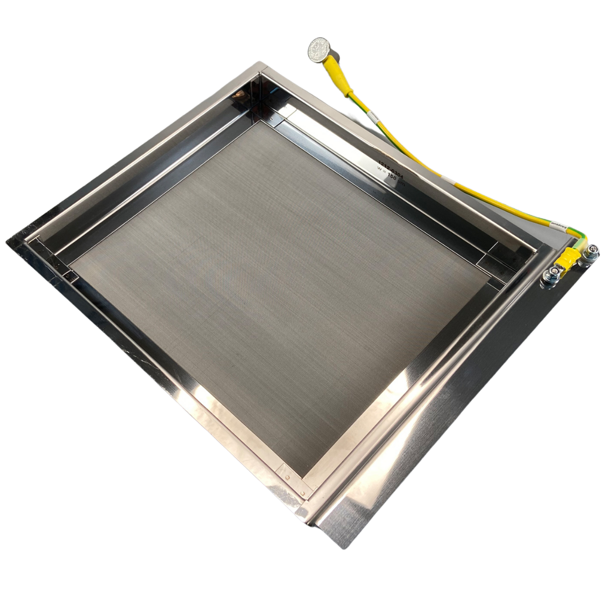 Metallic gray rectangular sieve.