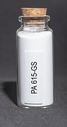 Glass bootle filled with white polymer powder.