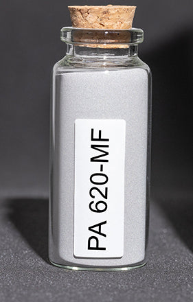 Glass bottle filled with white polymer powder.