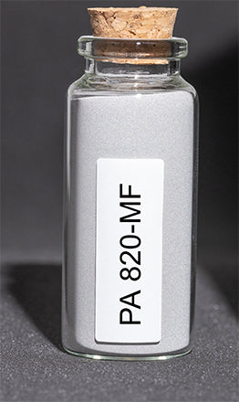 Glass bottle filled with white polymer powder.