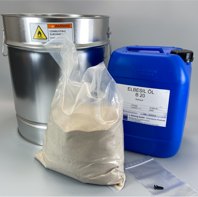 Metal bucket, packet of 7kg quartz sand and 7L silicone oil.