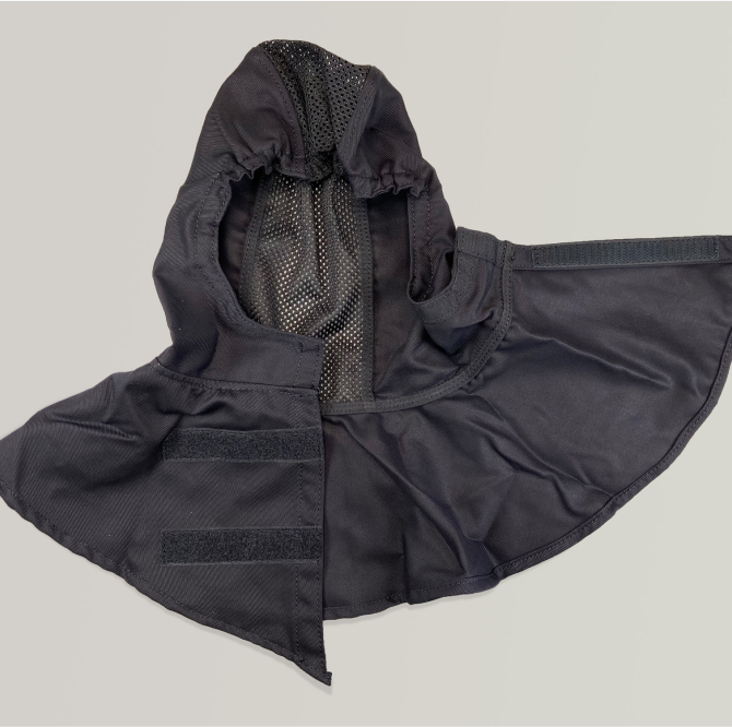 Black, fireprotective hood.