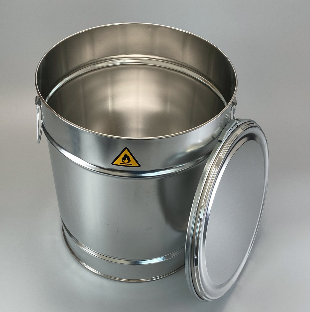 Gray metallic container with the lid off.