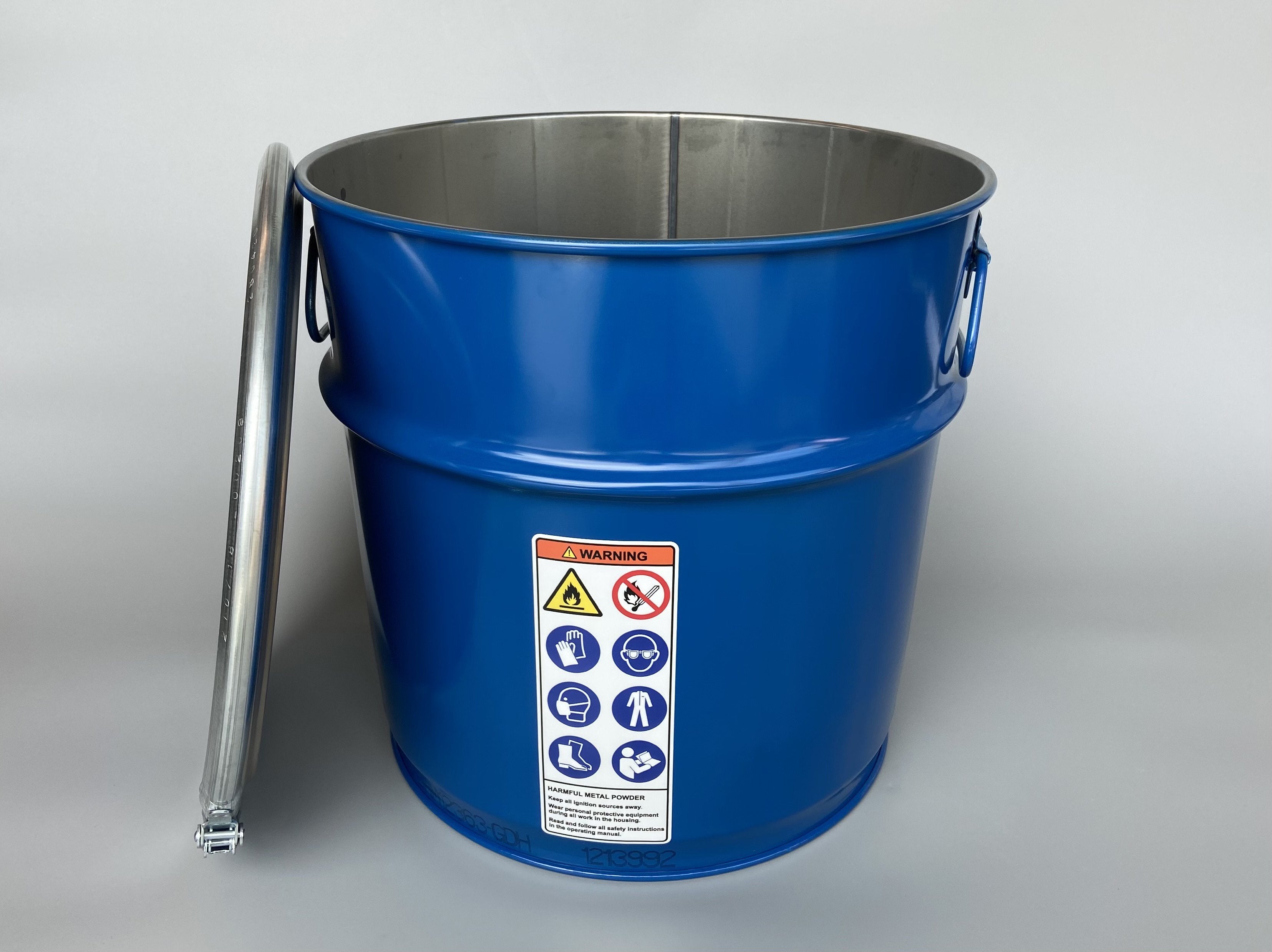 Open top metallic blue drum.